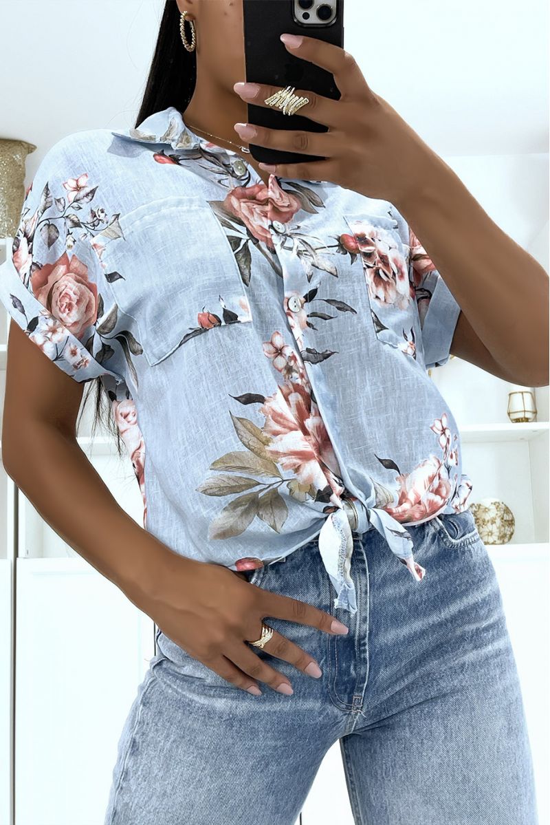 Turquoise floral shirt with mid-length sleeves and lapel collar in thick voile and pretty buttons - 1