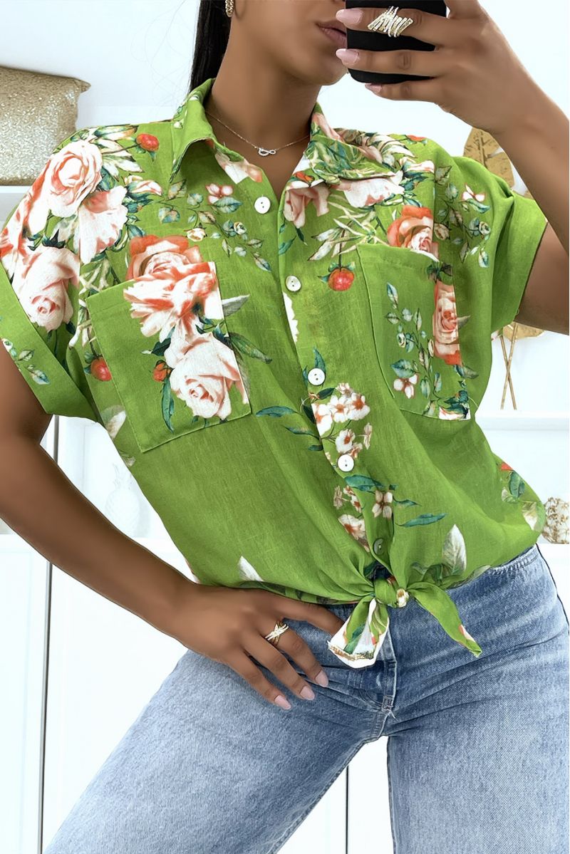 Green floral shirt with mid-length sleeves and lapel collar in thick voile and pretty buttons - 2
