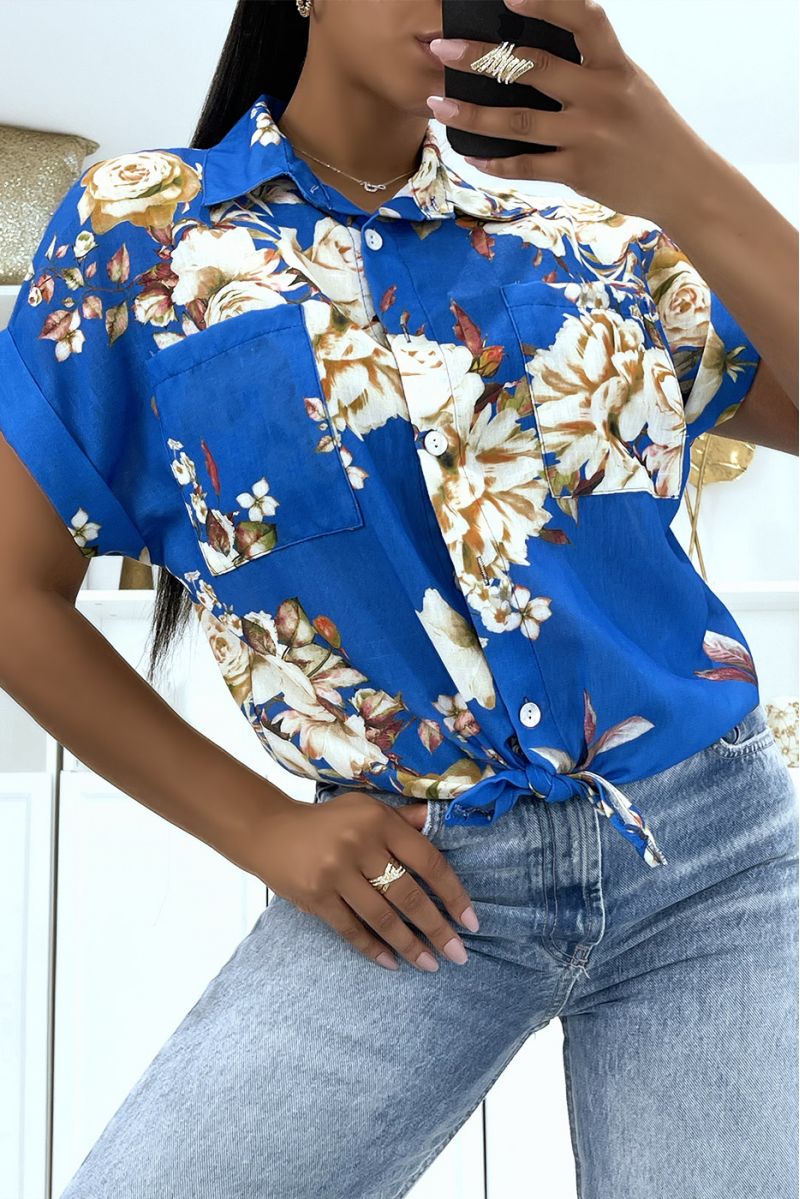 Royal floral shirt with mid-length sleeves and lapel collar in thick voile and pretty buttons - 1