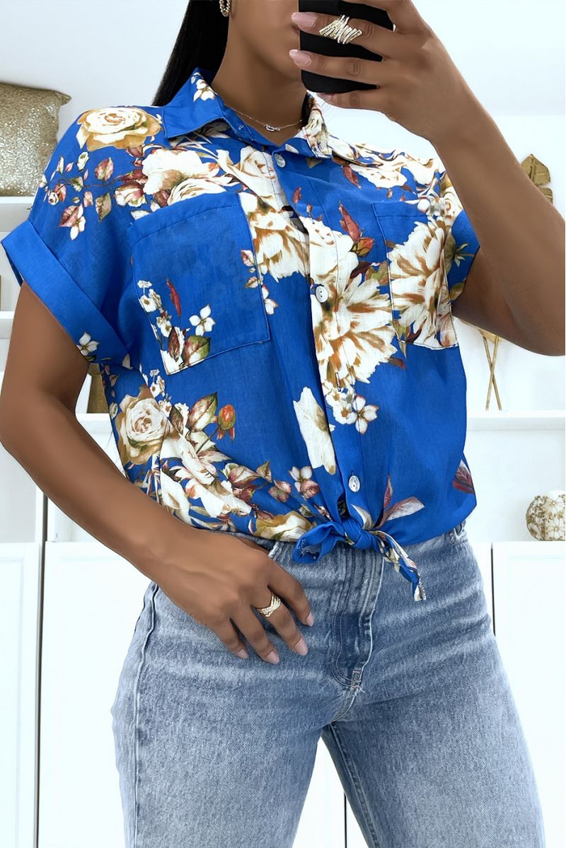Royal floral shirt with mid-length sleeves and lapel collar in thick voile and pretty buttons - 2
