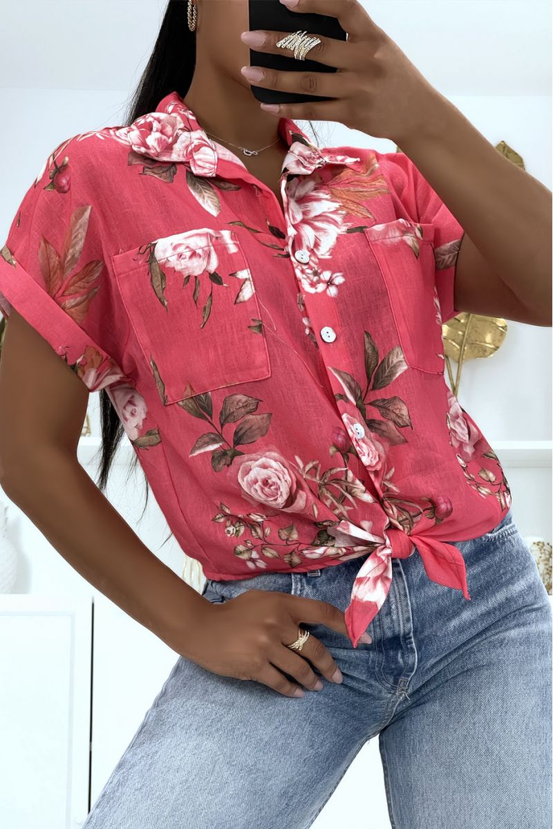 Chemise fleurie fuchsia à manches mi-longues et col à revers en voile épais et jolis boutons - 2