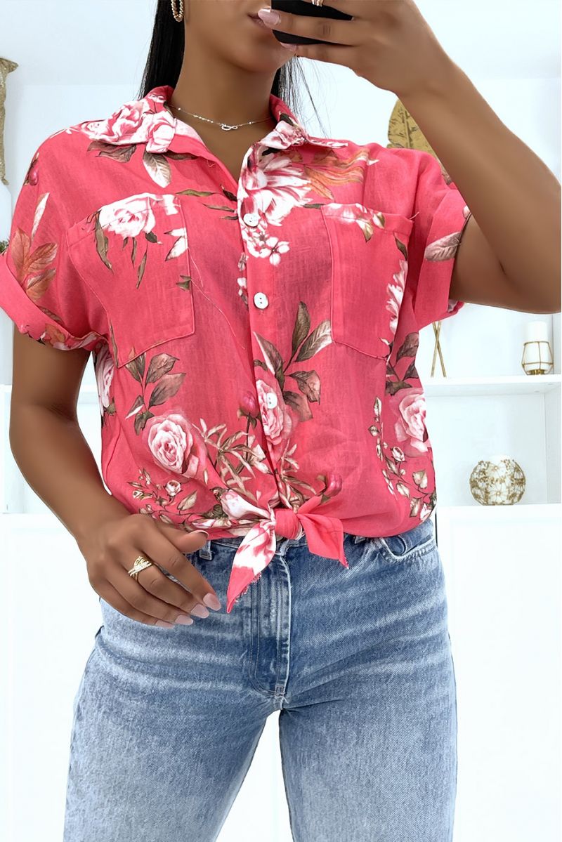 Chemise fleurie fuchsia à manches mi-longues et col à revers en voile épais et jolis boutons - 3