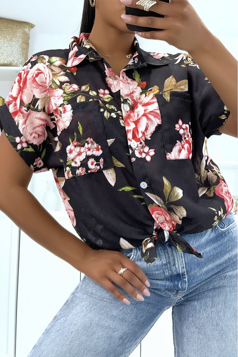 Black floral shirt with mid-length sleeves and lapel collar in thick voile and pretty buttons - 2