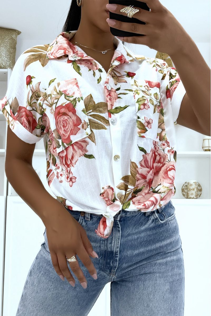 White floral shirt with mid-length sleeves and lapel collar in thick voile and pretty buttons - 1