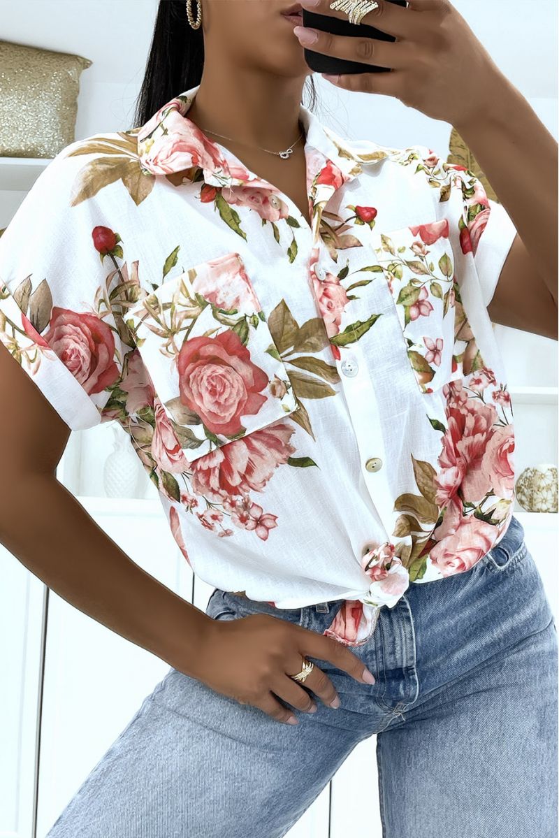 White floral shirt with mid-length sleeves and lapel collar in thick voile and pretty buttons - 2