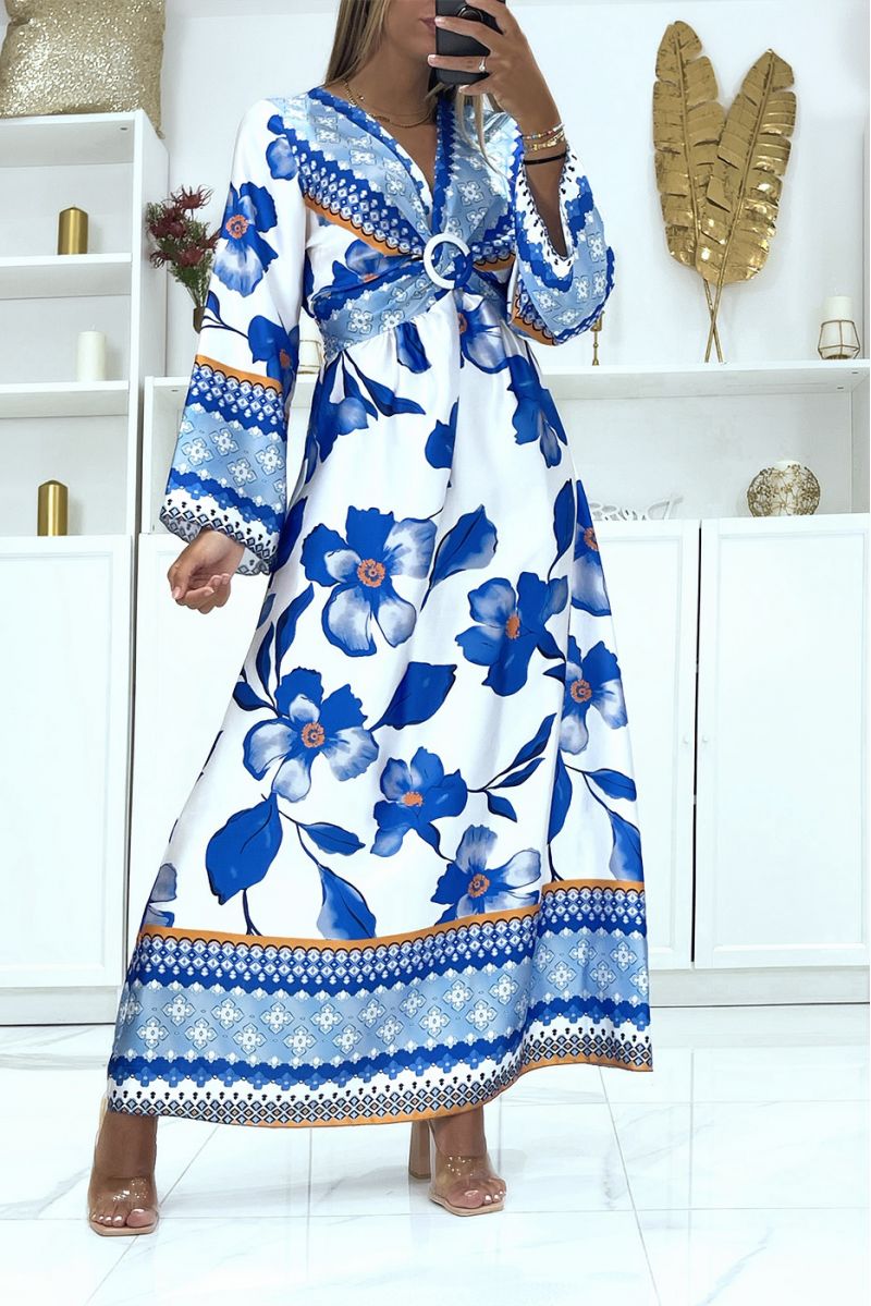 Long royal satin wrap-effect dress with pretty crossover ring on the chest - 1