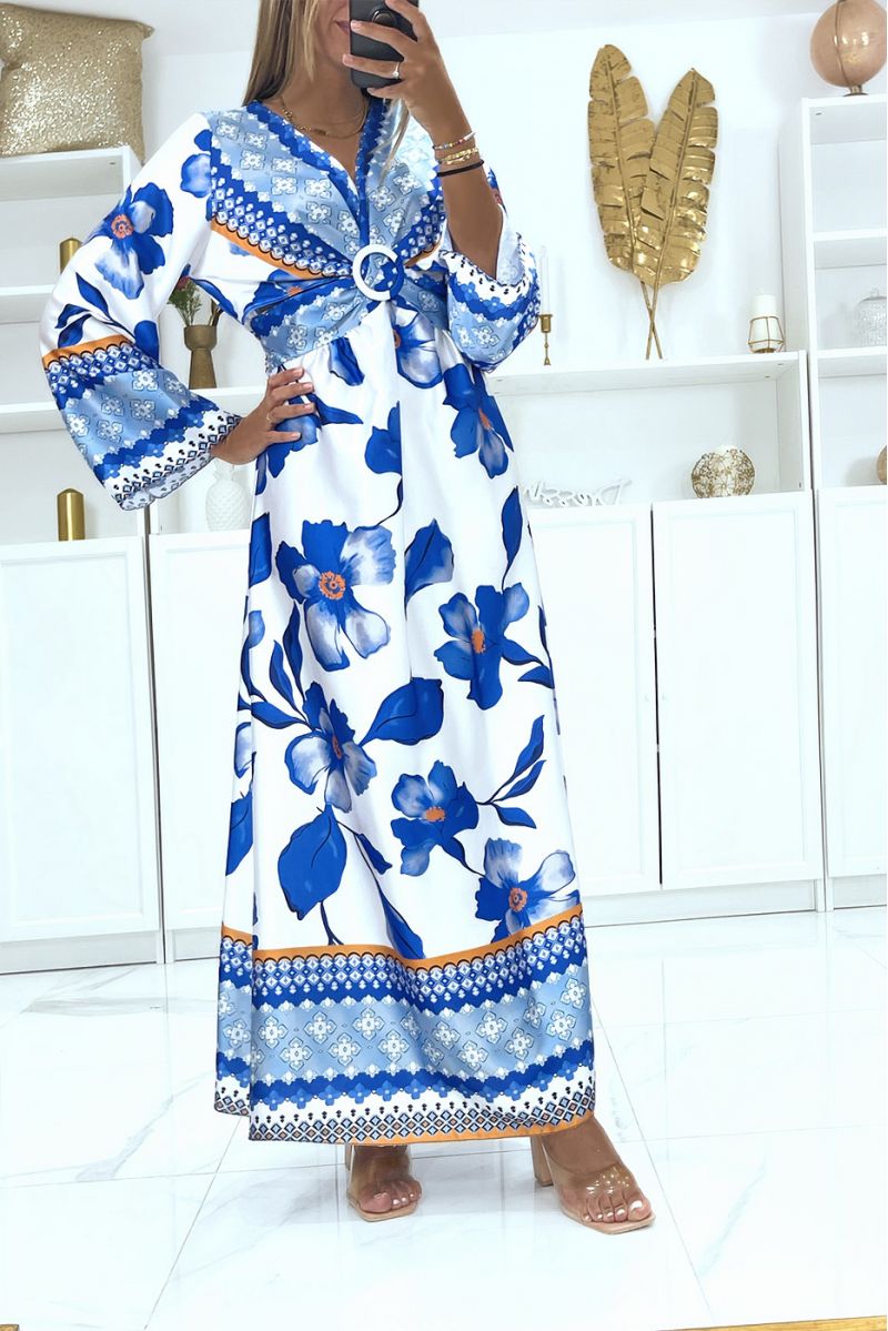 Long royal satin wrap-effect dress with pretty crossover ring on the chest - 2