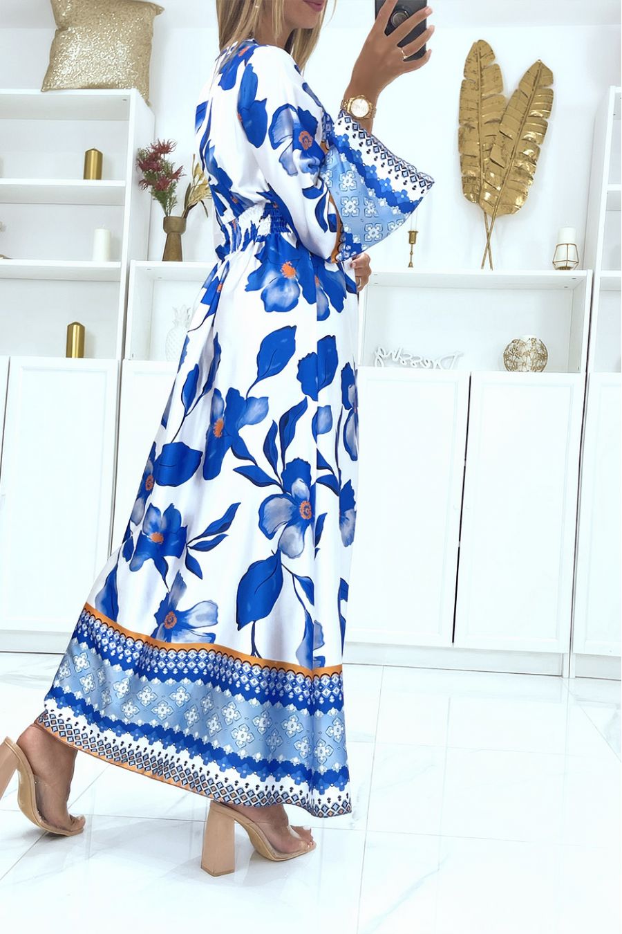 Long royal satin wrap-effect dress with pretty crossover ring on the chest - 3