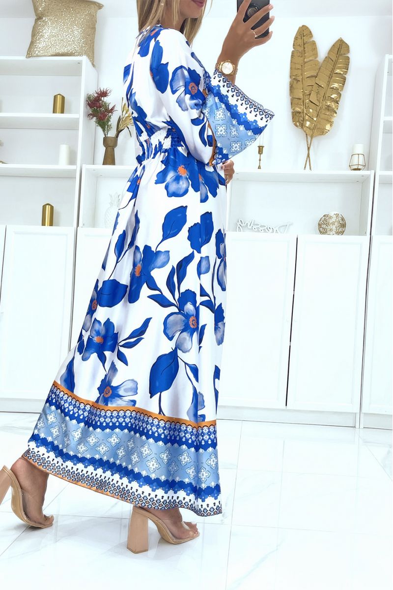Long royal satin wrap-effect dress with pretty crossover ring on the chest - 3