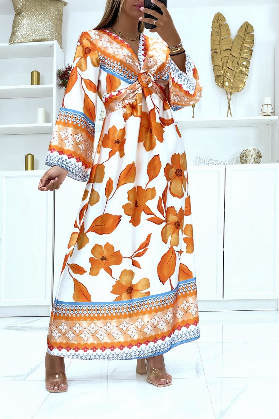 Long orange satin wrap dress with pretty crossover ring on the chest - 1