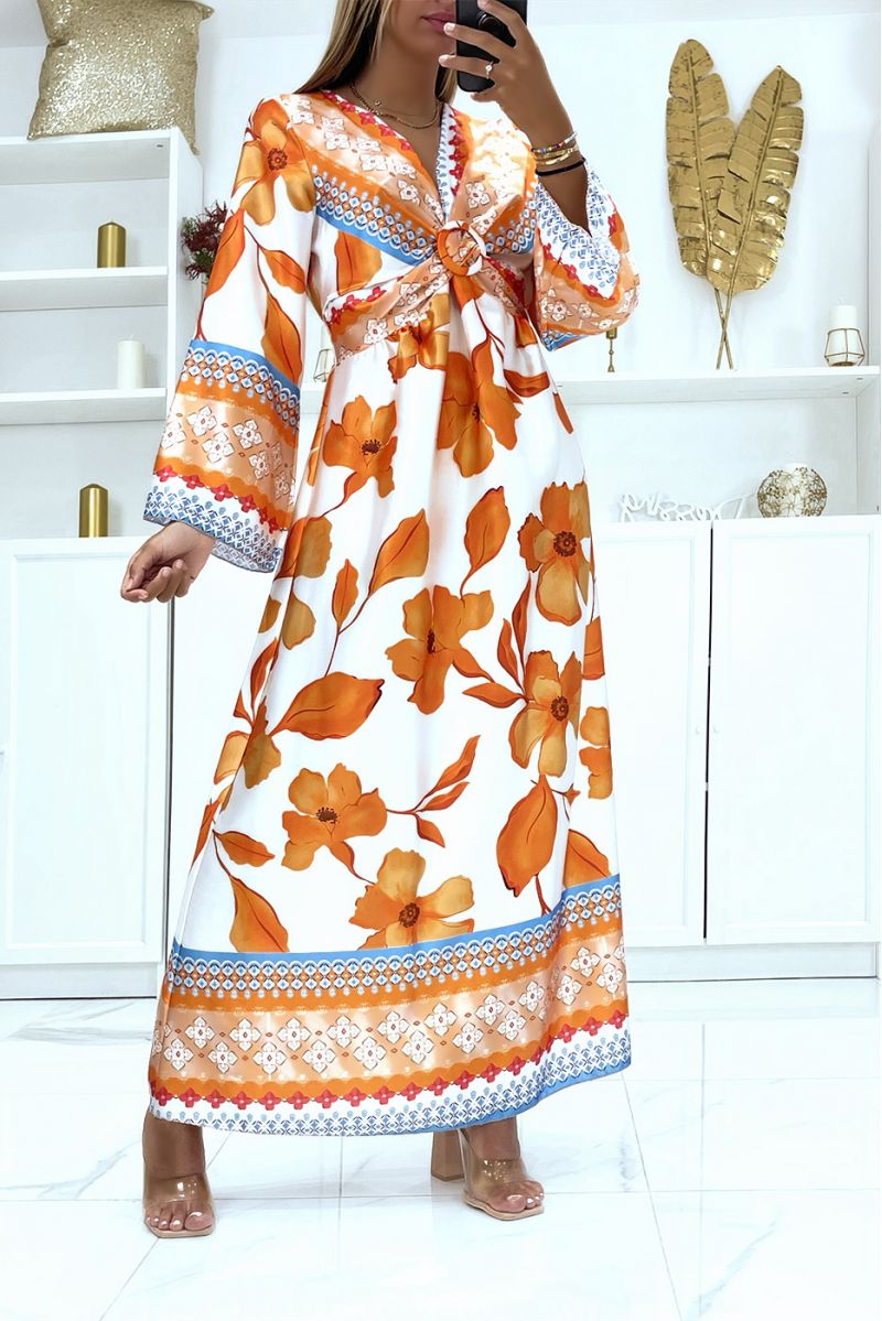 Long orange satin wrap dress with pretty crossover ring on the chest - 1