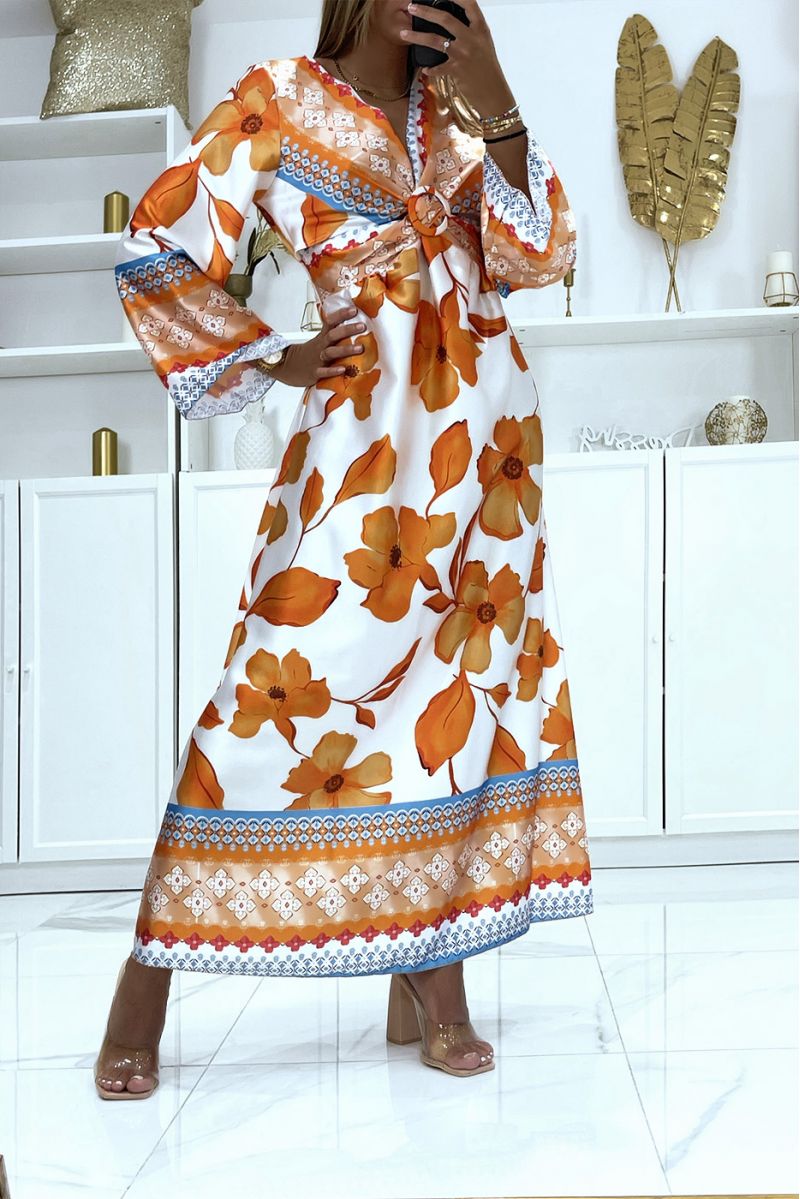 Long orange satin wrap dress with pretty crossover ring on the chest - 2