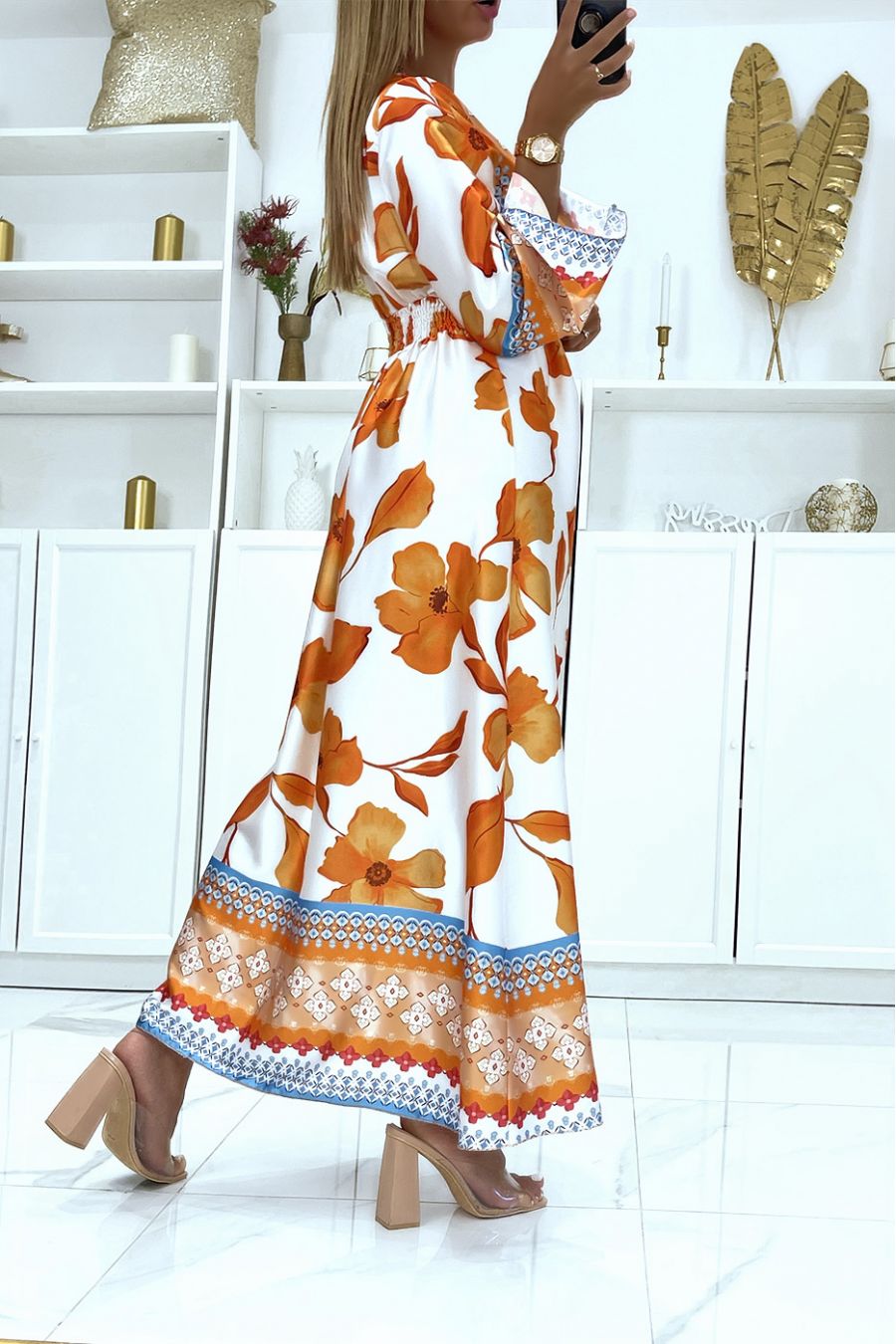 Long orange satin wrap dress with pretty crossover ring on the chest - 4