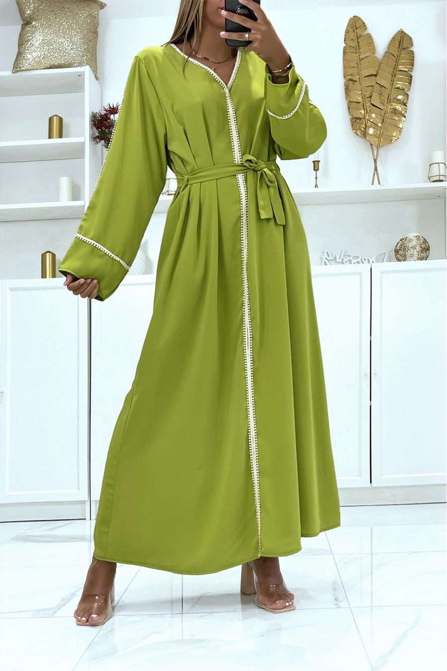 Pistachio green abaya straight cut with long drooping sleeves and pretty lace in the center - 1