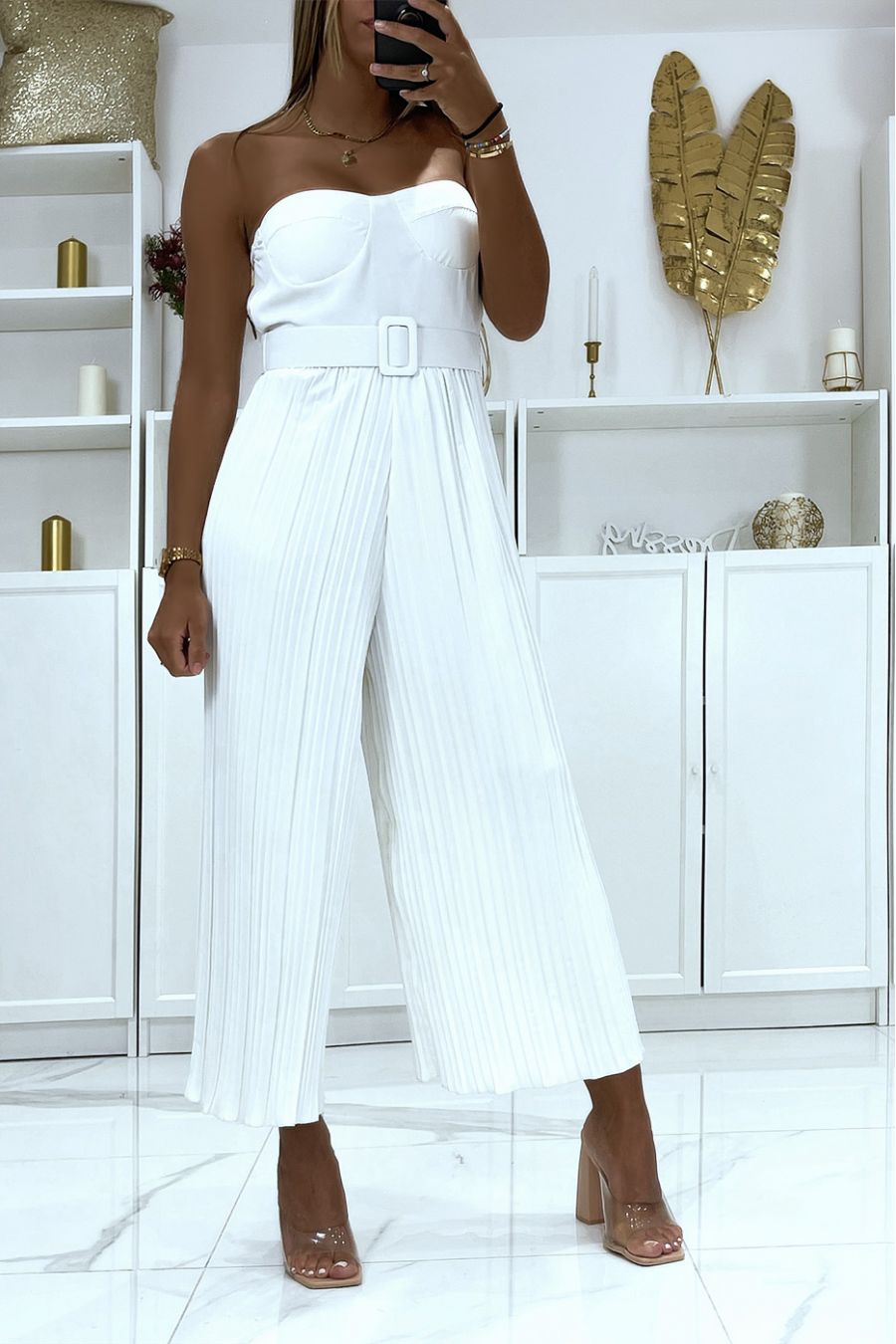 White bustier-effect pleated voile jumpsuit without sleeves with belts - 2