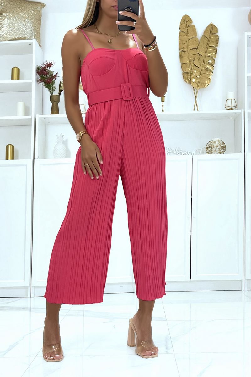 Fuchsia pleated sleeveless bustier-effect voile jumpsuit with belts - 1