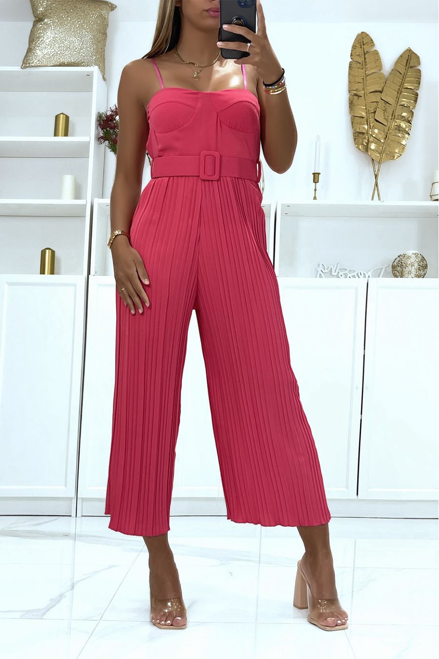 Fuchsia geplooide mouwloze jumpsuit van voile met bustiereffect en ceintuur - 2