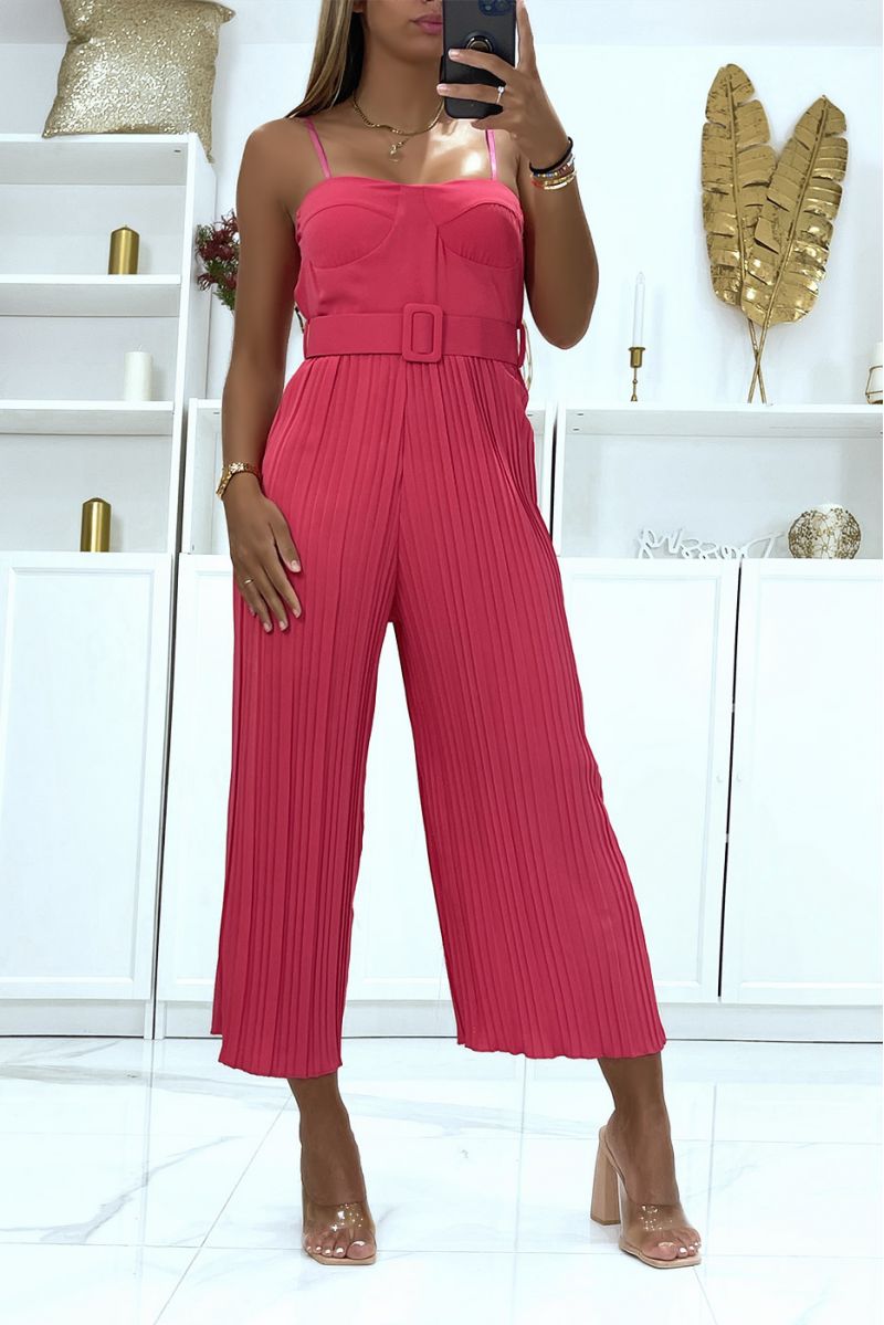Fuchsia pleated sleeveless bustier-effect voile jumpsuit with belts - 2