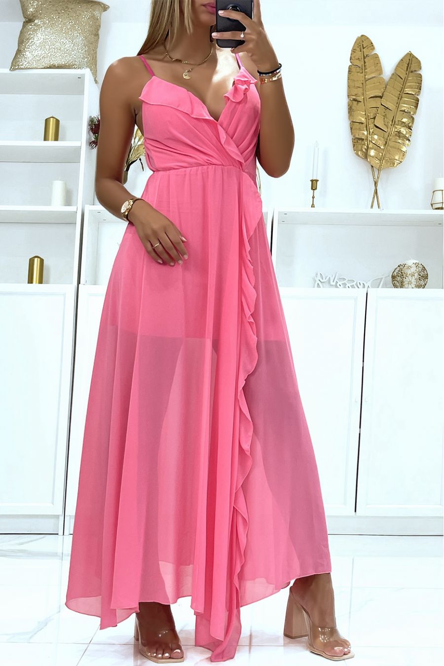 Lange fuchsia jurk met ruches in de taille in transparante sluier gevoerd met een korte petticoat - 3