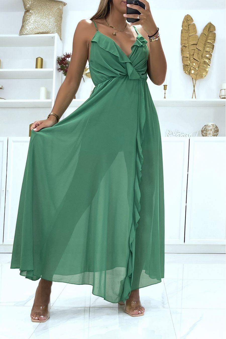 Robe longue vert à volants cintrée à la taille en voile transparent doublé d'un jupon court - 2