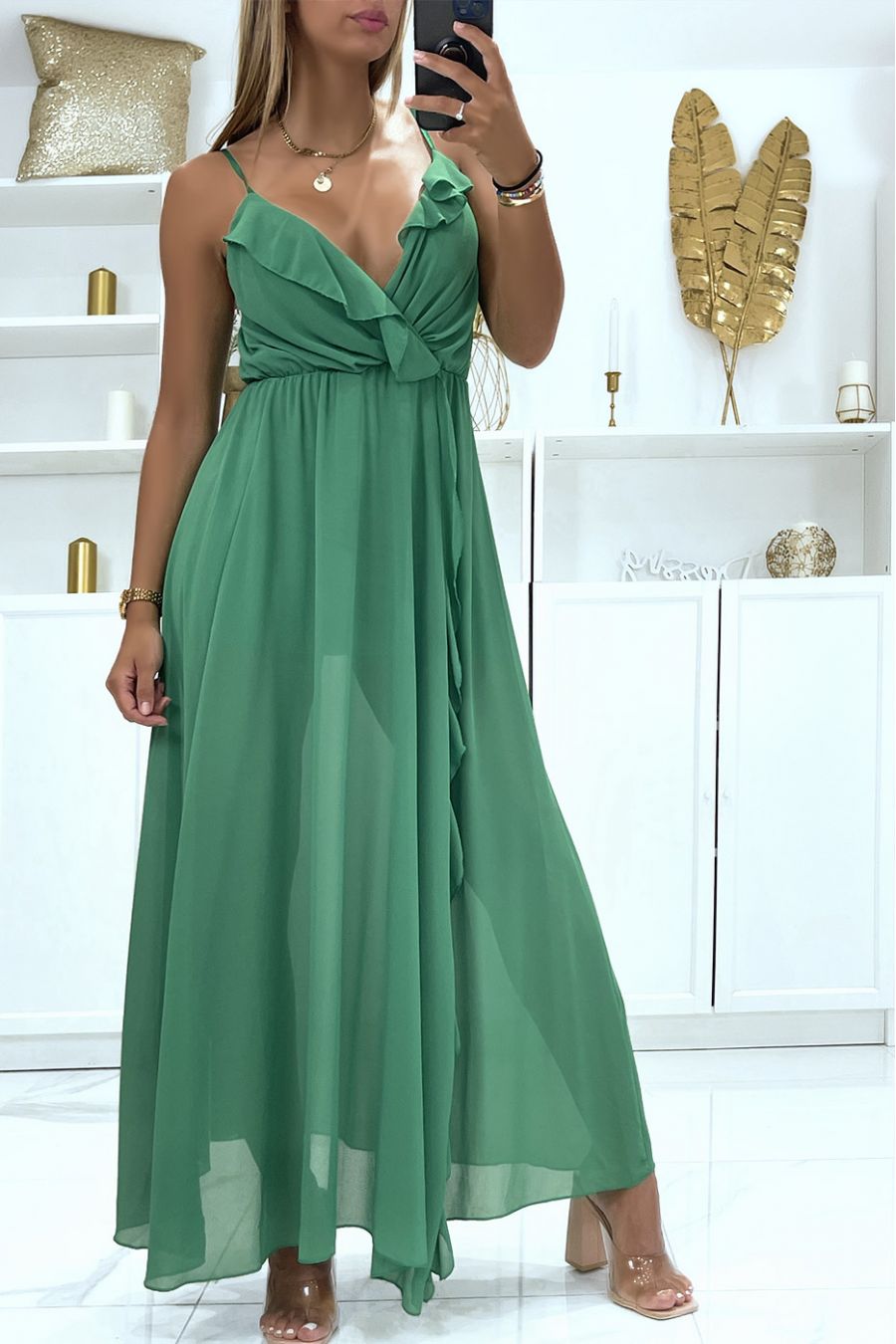 Long green dress with ruffles fitted at the waist in transparent veil lined with a short petticoat - 3