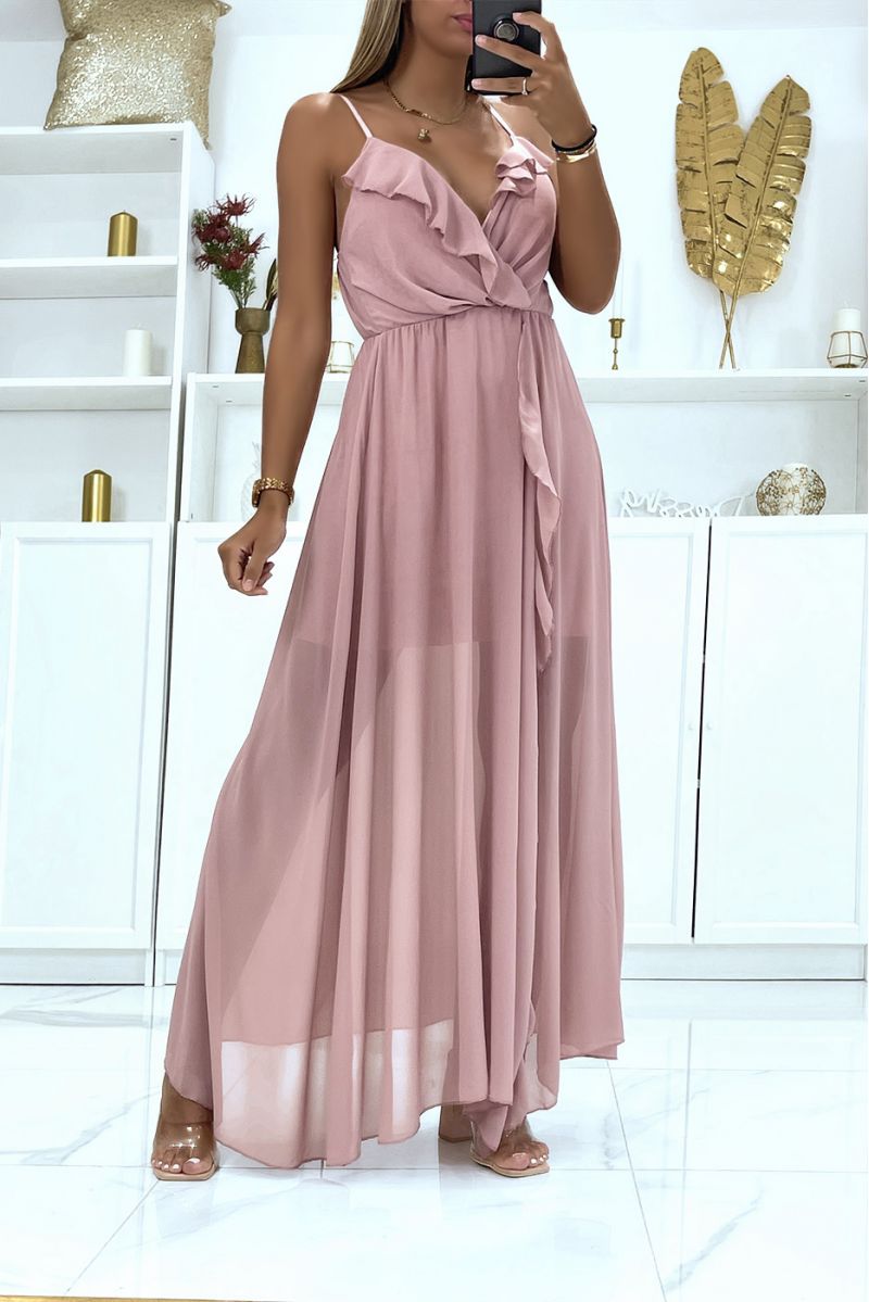 tempo module Voor type Lange roze jurk met ruches in de taille in transparante sluier gevoerd met  een korte petticoat