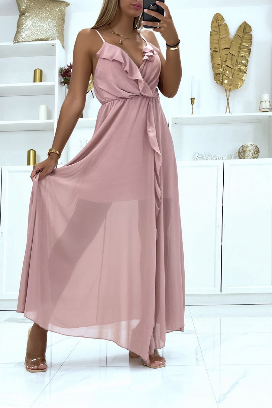 Lange roze jurk met ruches in de taille in transparante sluier gevoerd met een korte petticoat - 3