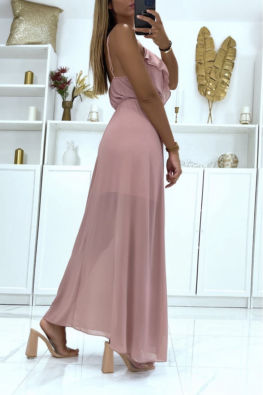 Long pink dress with ruffles fitted at the waist in transparent veil lined with a short petticoat - 4