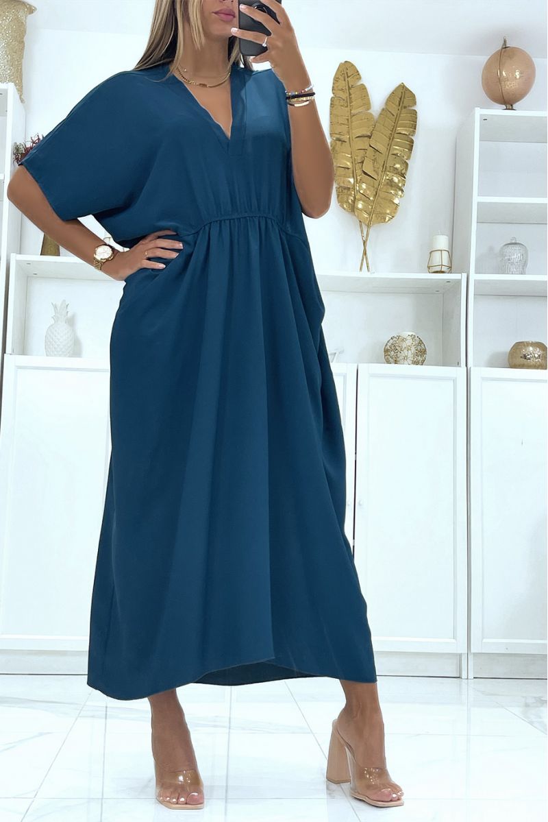 Oversized tealgroene jurk met V-hals, getailleerd in de taille en halflange mouwen - 1