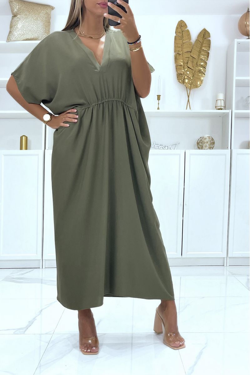 Khaki oversized dress with V-neck fitted at the waist and half-length sleeves - 3