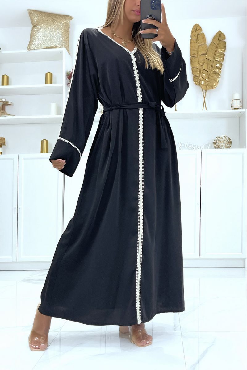 Straight cut black abaya with long drooping sleeves and pretty lace in the center - 2
