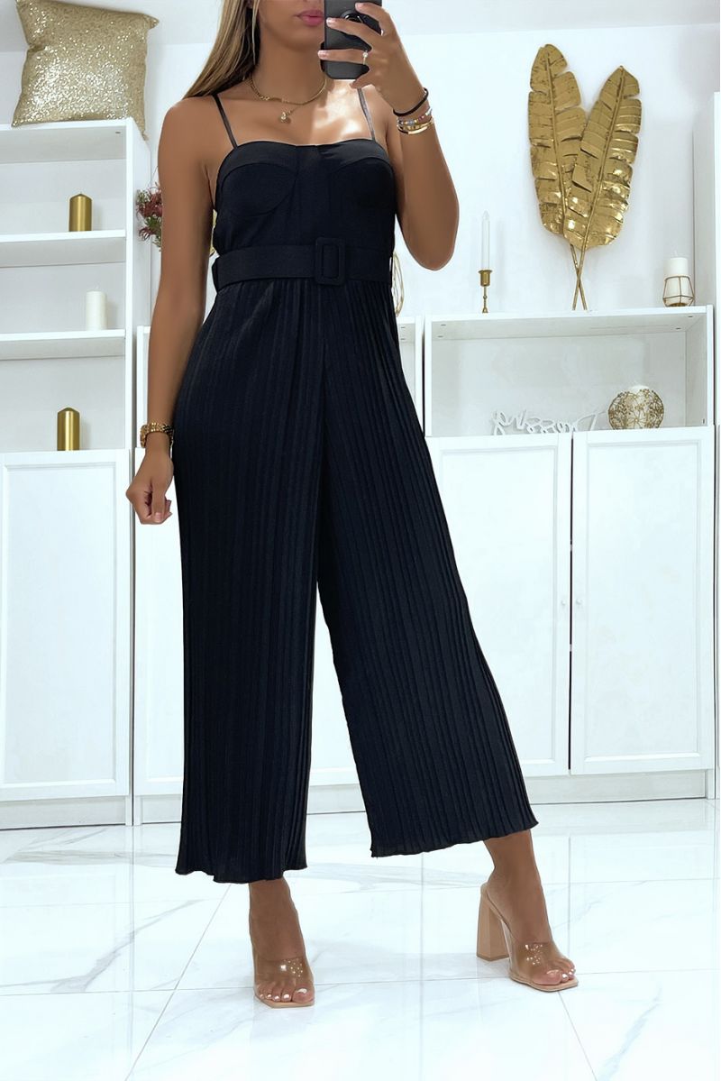 Black strapless pleated voile jumpsuit with sleeveless effect and belts - 1