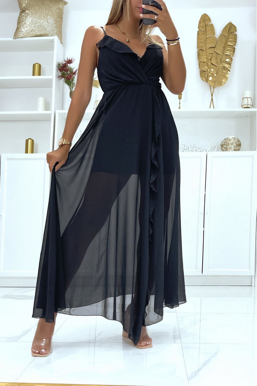 Long black dress with ruffles fitted at the waist in transparent veil lined with a short petticoat - 1