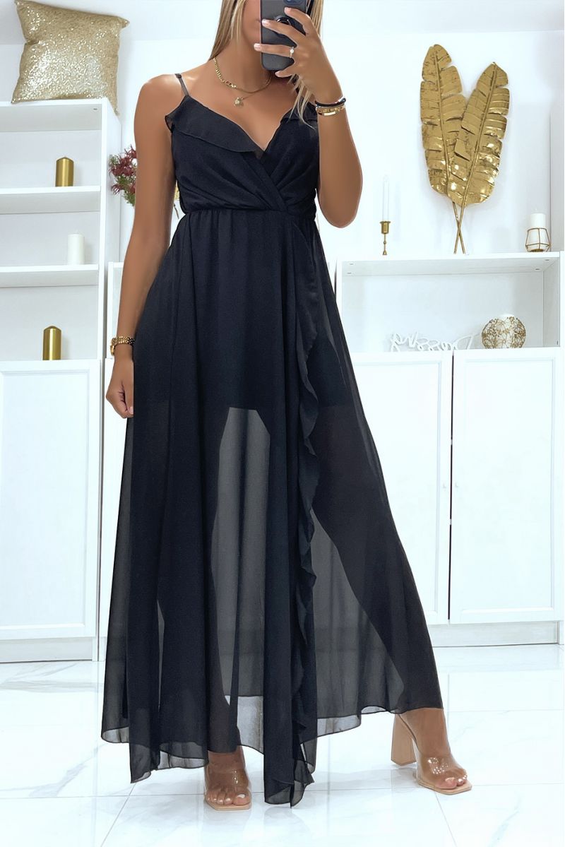 Lange zwarte jurk met ruches in de taille in transparante sluier gevoerd met een korte petticoat - 3