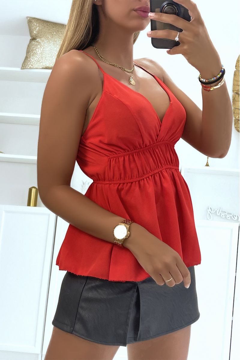 Red top with thin straps fitted at the waist V-neck - 3
