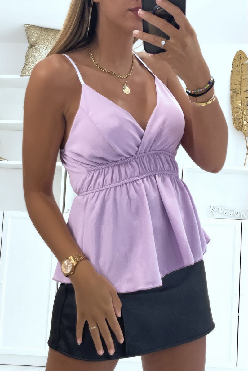Lilac top with thin straps fitted at the waist V-neck - 1