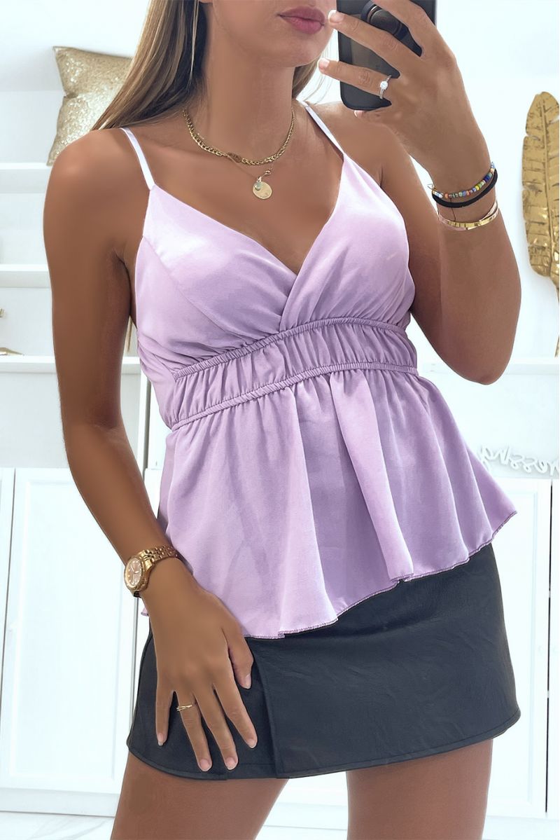 Lilac top with thin straps fitted at the waist V-neck - 2