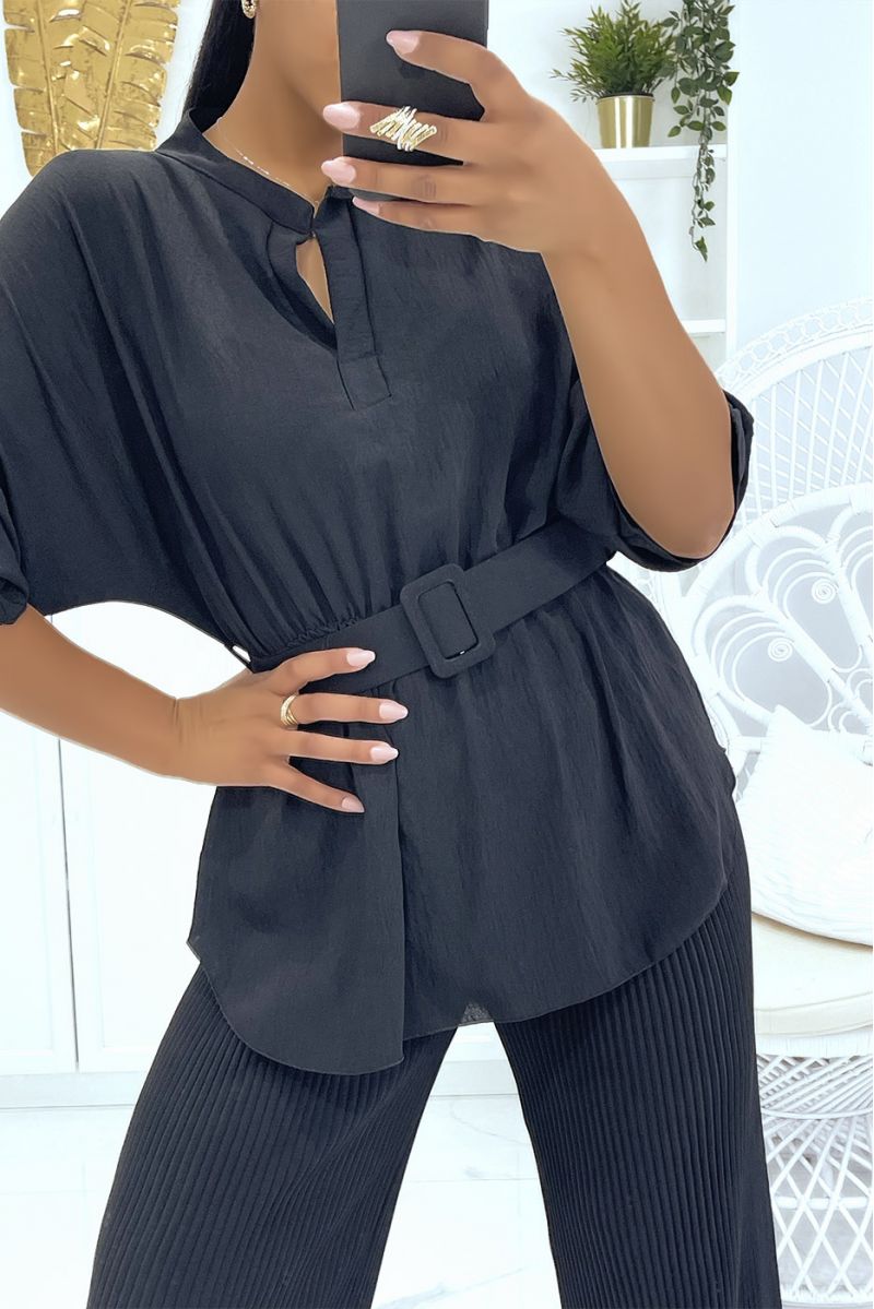 Black wrap top set with long sleeves and big belt and bell bottom pants - 4