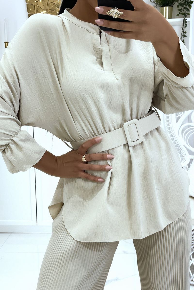 Beige wikkeltop set met lange mouwen en grote riem en broek met wijde pijpen - 5
