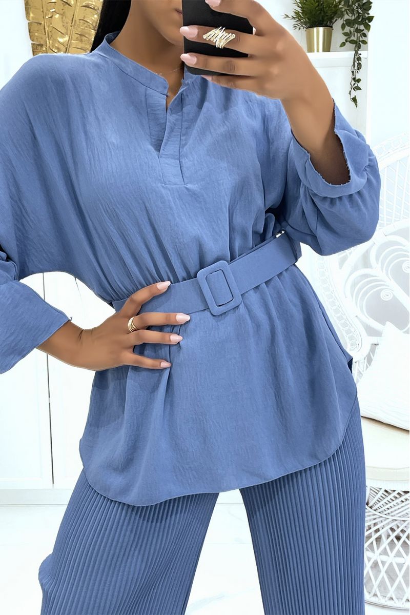 Ensemble bleu top cache coeur à manches longues et grosse ceinture et pantalon patte d'éléphant - 5 Ensemble bleu top cache coeur à manches longues et grosse ceinture et pantalon patte d'éléphant - 5