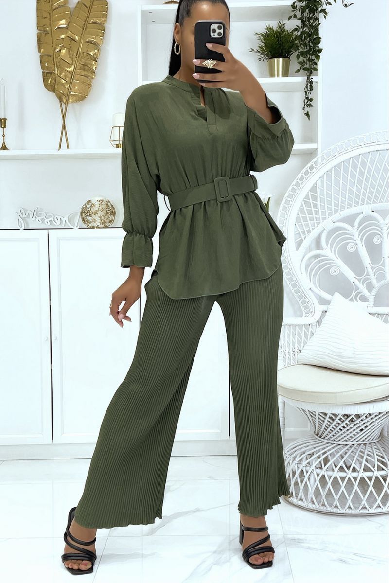 Khaki wrap top set with long sleeves and big belt and bell bottom pants - 1