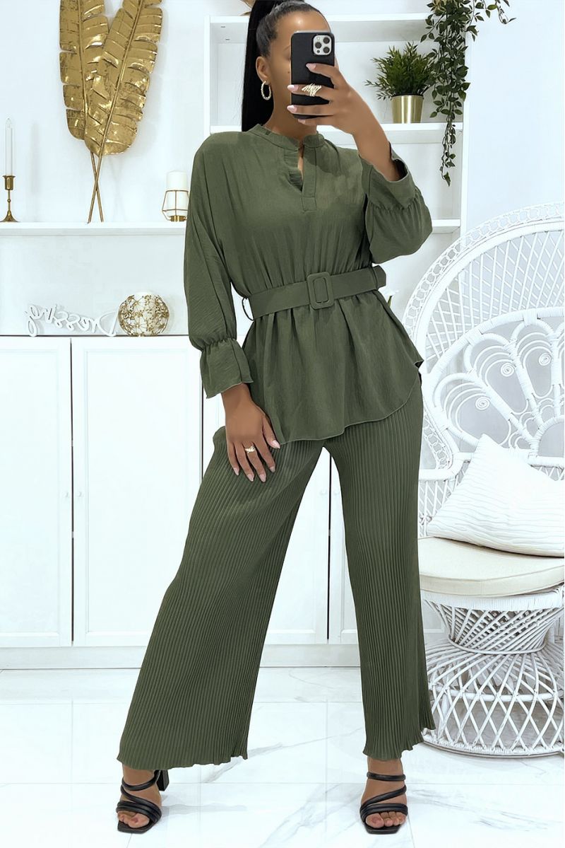 Khaki wrap top set with long sleeves and big belt and bell bottom pants - 2