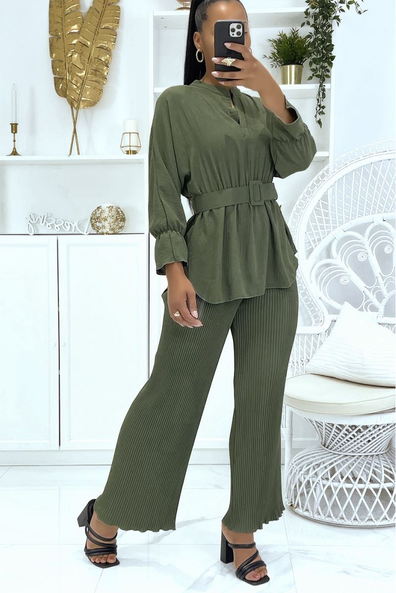 Khaki wrap top set with long sleeves and big belt and bell bottom pants - 3