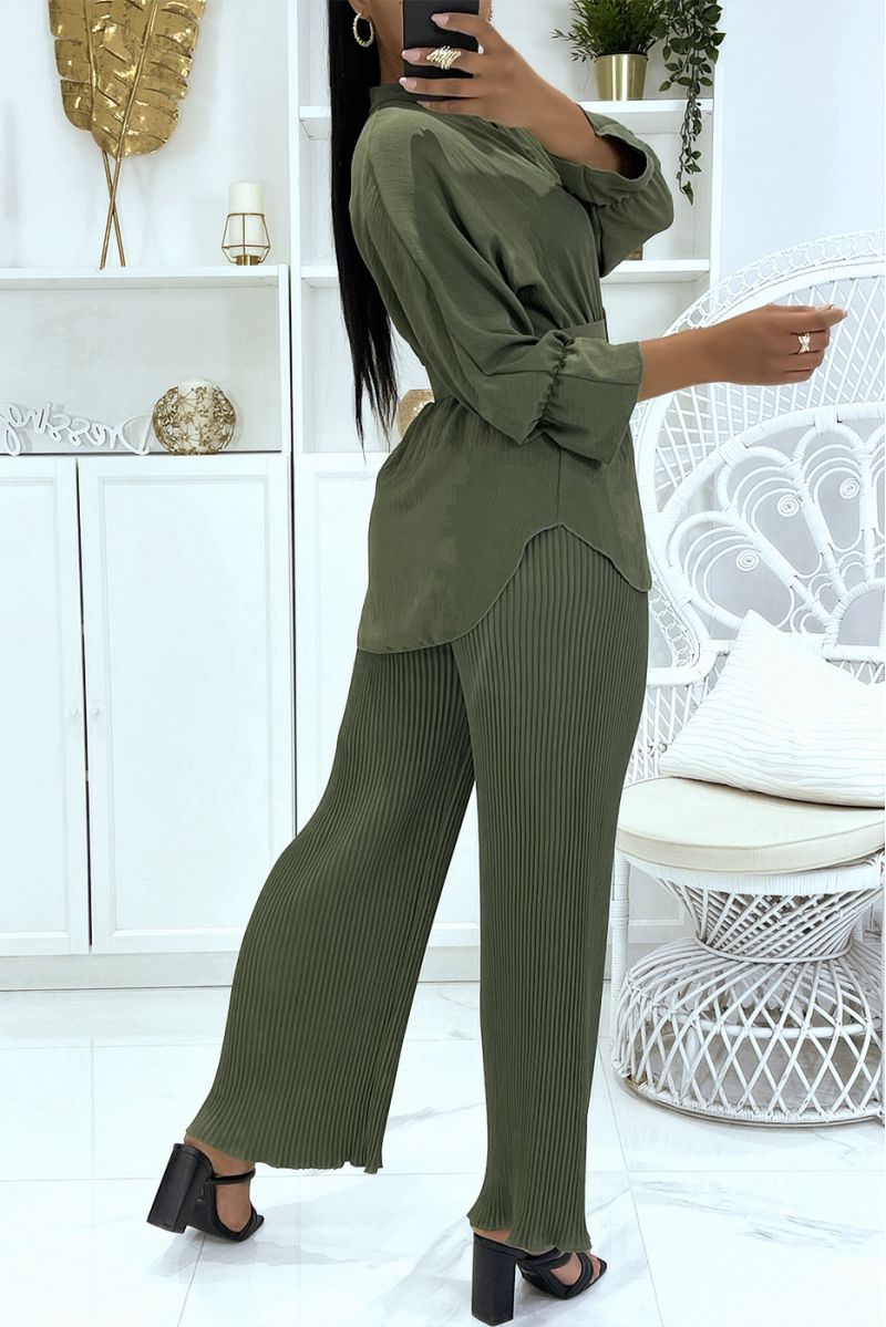 Khaki wrap top set with long sleeves and big belt and bell bottom pants - 4