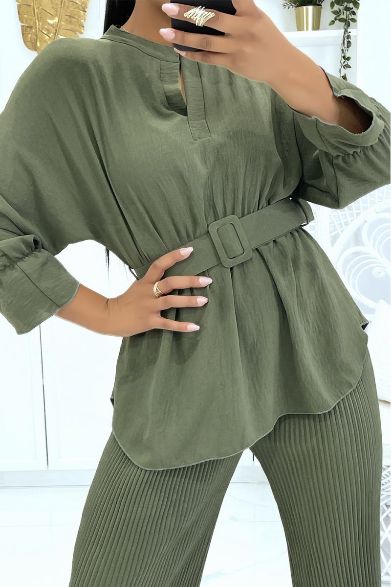 Khaki wrap top set with long sleeves and big belt and bell bottom pants - 5