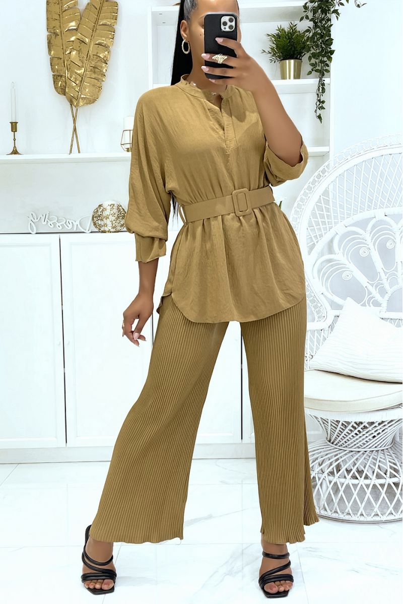 Camel wrap top with long sleeves and big belt and bell bottom pants set - 1