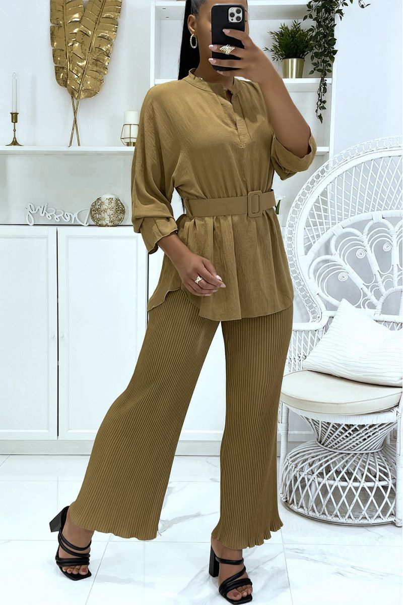 Camel wrap top with long sleeves and big belt and bell bottom pants set - 3