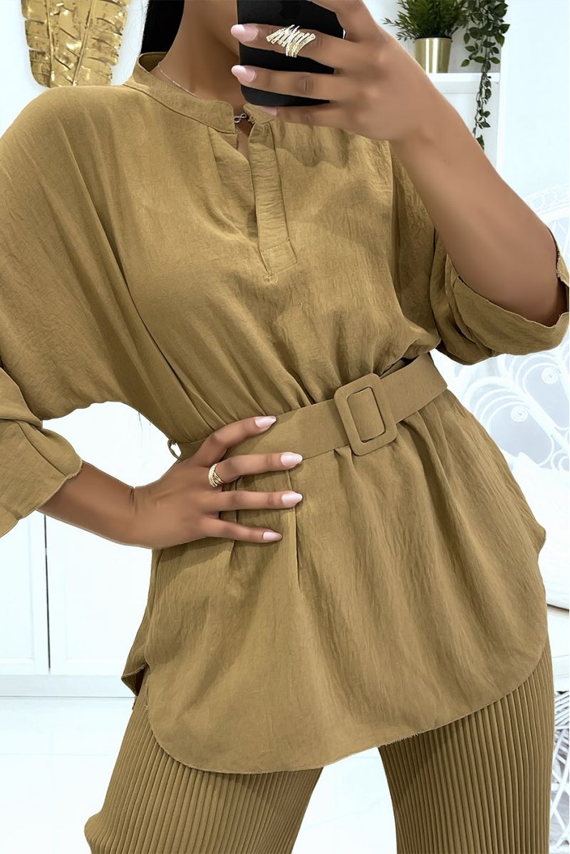 Ensemble camel top cache coeur à manches longues et grosse ceinture et pantalon patte d'éléphant - 5 Ensemble camel top cache coeur à manches longues et grosse ceinture et pantalon patte d'éléphant - 5