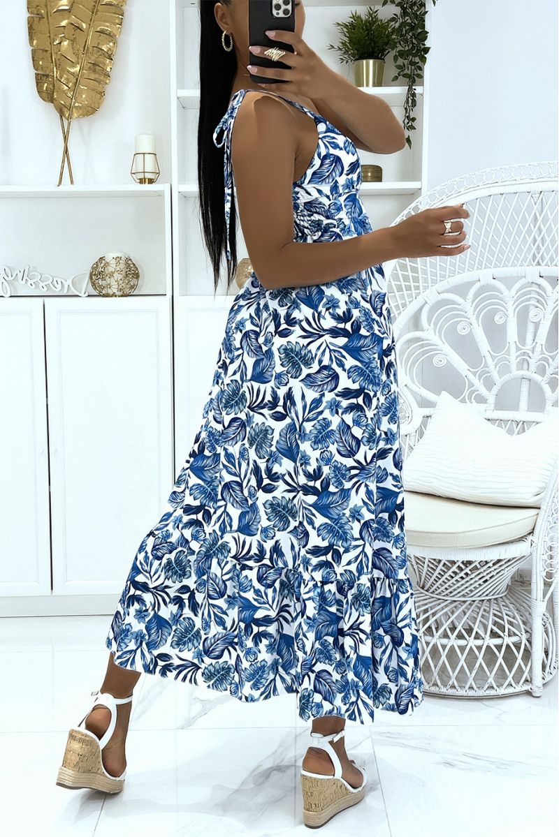 Long blue dress with thin straps with colorful foliage print and super trendy V-neck - 4