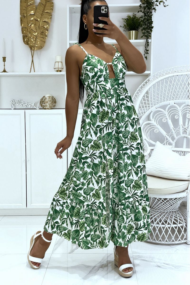 Long green dress with thin straps in colorful foliage print and super trendy V-neck - 1